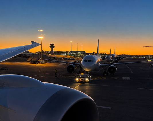 Aircraft lined up on airport taxiway at dawn