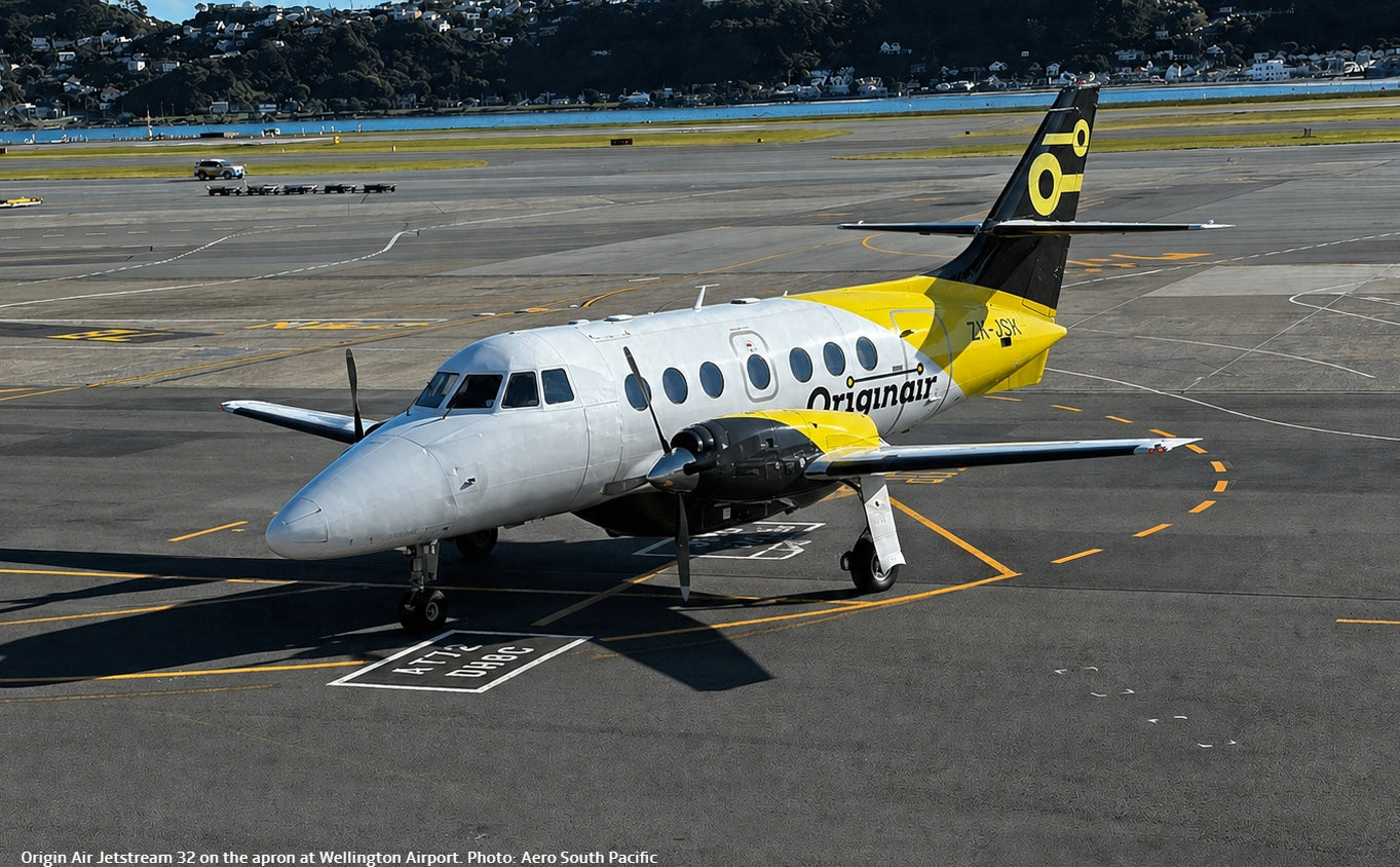 Origin Air Jetstream 32 on apron at Wellington Airport