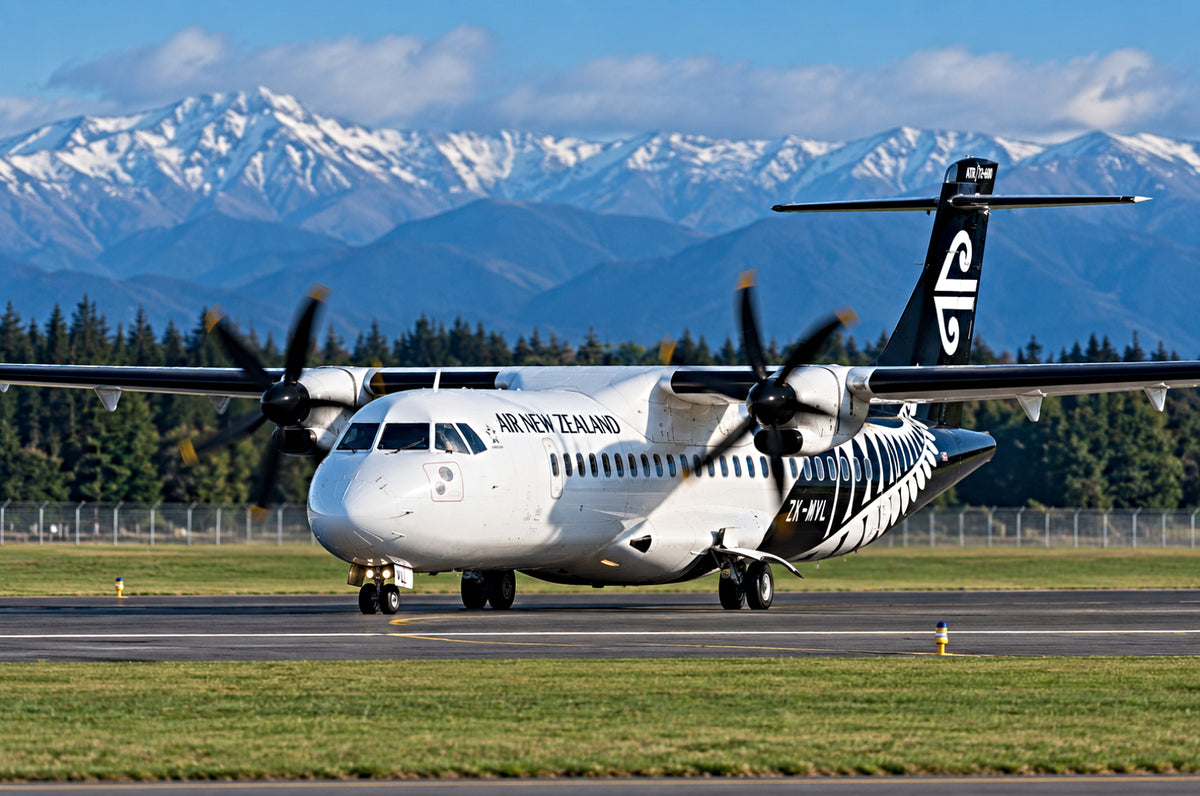 An Air New Zealand ATR72-600 on an airport runway, with grass, trees, and snow-capped mountains in the background.