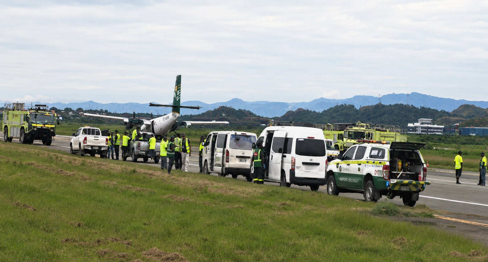 Tropicair DHC-6-300 Twin making emergency landing at Port Moresby Airport in January 2026