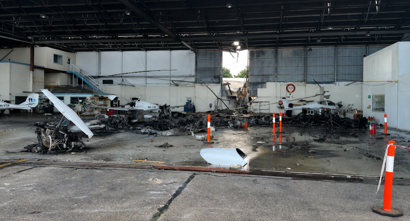 Wreckage of the Diamond DA42 after it crashed into a hangar at Parafield Airport